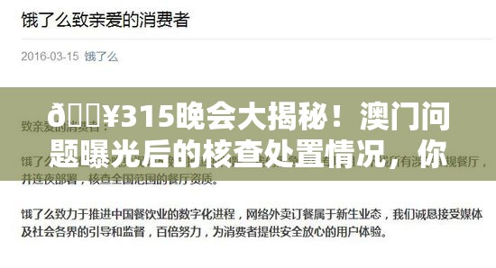 🔥315晚会大揭秘！澳门问题曝光后的核查处置情况，你绝对想不到的真相！🔍